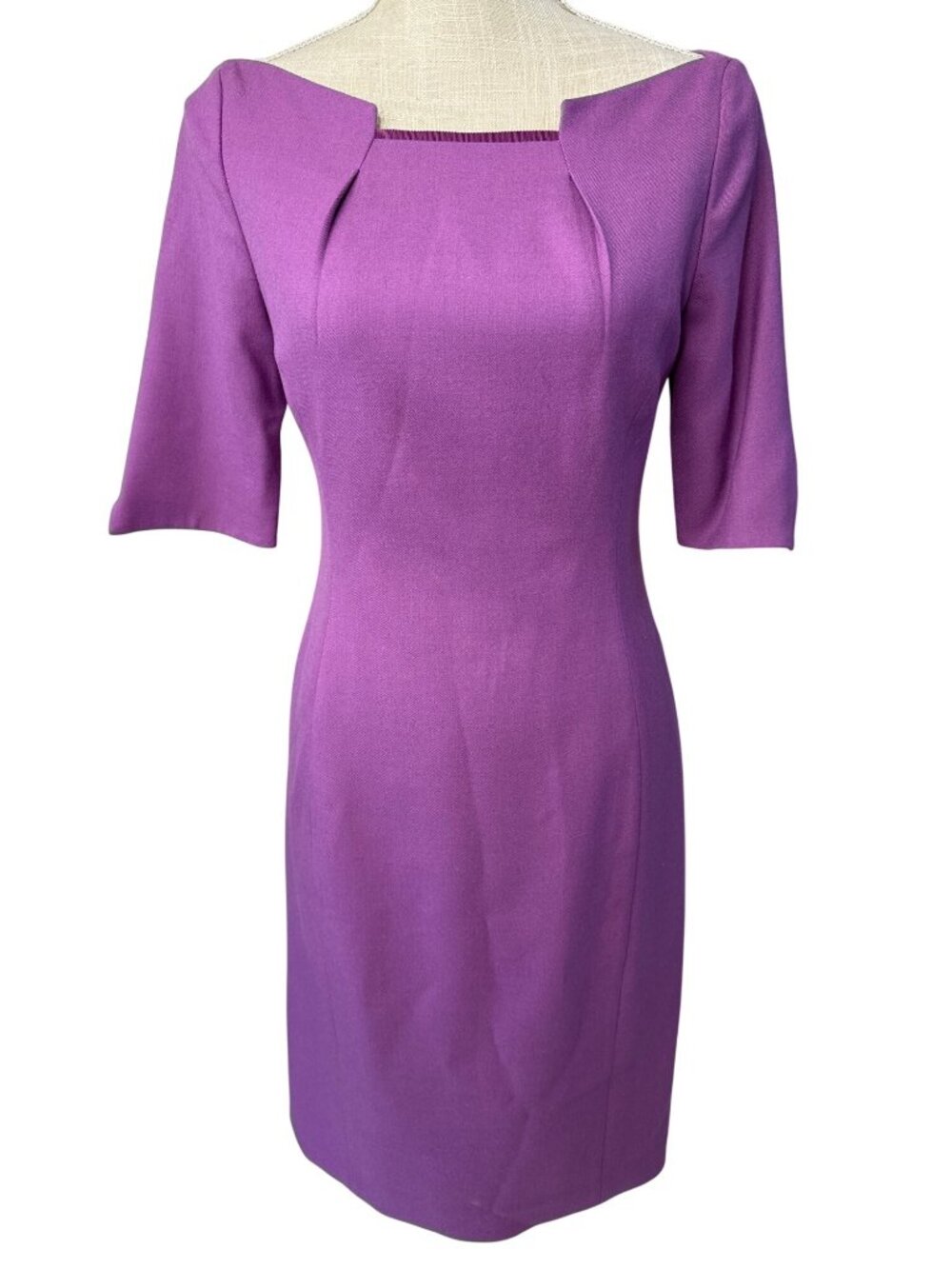 Elie Tahari Purple Sheath Dress Knee-Length 3/4 Sleeves & Unique Neckline Size 2
